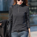 Triibuline T-s&auml;rk Kevad naised Slim Office Turtleneck T-s&auml;rk Femme T&otilde;mblukuga Korea stiilis pikkade varrukatega Puuvillane Korea topid M
