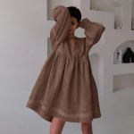Naiste Suvine L&otilde;tv Kleit Elegantne T&ouml;&ouml;le Sobiv Pikkade Varrukatega V-kaelusega Puuvillane Kleit Pitsiga &Uuml;hendatud Nuppudega Boho Rannas &Uuml;le suuruse Vestidos XS kohv