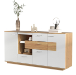 Moodne puhvetkapp suure hoiuruumiga, LED-valgustusega, 160x40x77cm, 2 ust, 4 sahtlit, klaasriiul, puiduimitatsiooniga, valge. 160 x 40 x 77 cm looduslik