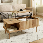 Moodne Retro Kohvilaud, K&otilde;rguse reguleeritav lauaplaat, Liuguks, Puidust v&auml;limus, Vertikaalsed sooned, Puidust jalad, Multifunktsionaalne elutoalaud 100 x 48 x 55.5 cm looduslik
