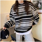 S&uuml;gisene vaba triibuline silmkoeline kampsun, sviiter, naiste &uuml;mar kaelus, suur kampsun, mood kampsunid talveriided 29205 One Size must