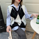 V-kaelusega Vintage Argyle'i kampsunvest naiste varrukateta ruuduline kootud &uuml;lisuured kampsunid, vabaaja s&uuml;gisene preppy stiil C-223 One Size must