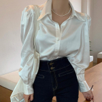 2023. aasta uus moodne satiinist n&ouml;&ouml;biga rev&auml;&auml;riga s&auml;rk Elegantne puhvis varrukatega s&auml;rk avara naiste topid Valge naiste pluus Blusas Mujer 12635 S