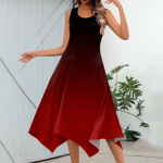 Naiste vabaaja moodne &uuml;mara kaelusega varrukateta mustriga ebaregulaarse servaga midikleit L