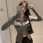 Women T-shirt Spring Autumn Clothes Knitted Long Sleeve Crop Tops Zipper Design Tee Sexy Female Slim Tops S hall