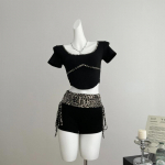 Vintage seksikad Bodyconi 2-osalised p&uuml;ksikomplektid 2024. aasta suvel Y2k Print Crop Tops + vabaaja t&auml;navar&otilde;ivad, kuumad leopardp&uuml;ksid Korea moe j&auml;rgi XS must
