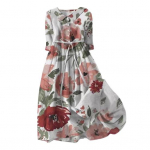 S&uuml;gissuvine kleit, rev&auml;&auml;riga, kolmveerandvarrukatega, A-l&otilde;ikeline, digitaalne lilleprind, boheemlaslik stiil, plisseeritud, paeltega, poolrinnaga, midi-t&uuml;&uuml;pi s&auml;rk L punane