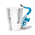 Tasse mug blanche &agrave; partitions de musique anse saxophone c&eacute;ramique