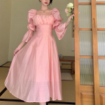 Kevadine seljaga magus puhv varrukatega midikleit naistele s&uuml;gisroosa sidemega kleit Elegantne &scaron;ifoonist pikad kleidid naistele M roosa