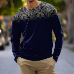 Meeste T-s&auml;rk Graafiline abstraktne kaelusega r&otilde;ivad, pikkade varrukatega v&auml;lir&otilde;ivad, moedisainer vanaaegne L sinine