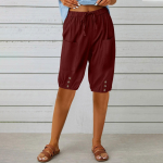 Caprise naiste p&uuml;ksid, linased poolp&uuml;ksid, k&otilde;rge v&ouml;&ouml;kohaga vabaaja l&uuml;hikesed p&uuml;ksid, n&ouml;&ouml;riga p&otilde;lvepikkus taskutega L must