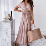 Suvine l&uuml;hikeste varrukatega V-kaelusega Bohemian Polka Dot Print Kleit pikk seelik M