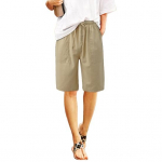 Naiste puuvillase ja linase kanga suvised l&uuml;hikesed p&uuml;ksid, vaba l&otilde;ikega laia s&auml;&auml;rega n&ouml;&ouml;riga reguleeritavad vabaaja l&uuml;hikesed p&uuml;ksid taskutega, p&otilde;lvedeni ulatuvad p&uuml;ksid vaba aja veetmiseks, rannapuhkuseks M khaki