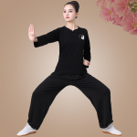 Naiste Tai Chi riided Pikkade varrukatega Tai Chi vorm Martial Art Wushu treeningkost&uuml;&uuml;m Kung Fu komplektid M must