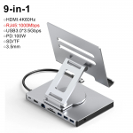 9 in 1 Type C dokkimisjaam tahvelarvuti hoidik USB C HUB 4K60Hz HDMI USB3.0 5Gbps 1000Mbps Ethernet andmeedastus alus PC s&uuml;learvutile 9 in 1