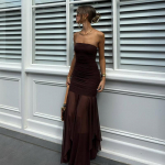 Prantsuse Seksikas Strapless Split Pikk Kleit Naistele V&otilde;rk Splice Retro Elegantne Peokleit Varrukateta Suvepuhkus Rannakleit Naiste S pruun