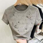 Raske t&ouml;&ouml;stuse teemantkirjaga l&uuml;hikeste varrukatega T-s&auml;rk naistele suvel, salendav ja vanust v&auml;hendav, slim fit &uuml;mara kaelusega top M hall