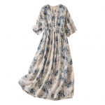 Naiste suvekleit Retro lilleprinteriga Plisseeritud A-joon avara &auml;&auml;risega l&uuml;hikeste varrukatega elastne v&ouml;&ouml;koha k&uuml;ljetaskud, n&ouml;&ouml;p Pehme daami igap&auml;evane tutvumiskleit rannamidi kleit M