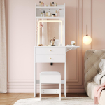V&auml;ike tualettlaud reguleeritava LED-valgustusega, sh. 1 taburet, 2 sahtlit, kaks avatud sektsiooni 25 cm kokkupandava lauaplaadiga, Valge, 75x156x45 cm 75 x 45 x 156 cm valge