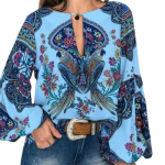 Naiste s&auml;rk V&auml;rvilise tr&uuml;kiga pikkade varrukatega Meeste kaelus Rikkalikud v&auml;rvid Retro lahtine pullover etnilise stiiliga &uuml;markaelusega naiste pluus Naiste riided 2XL sinine