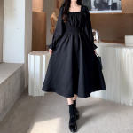 Must Elegantne Kleit Naiste Vintage pikkade varrukatega kevad-s&uuml;giskleidid Kandiline krae Suur Suur vaba vabaaja r&uuml;&uuml; T&auml;navar&otilde;ivad S must