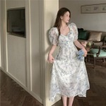 Patchwork Print &scaron;ifoonist kleit Super Fairy Prantsuse V-kaelusega l&uuml;hikeste varrukatega lilleline kleit Keskmise v&ouml;&ouml;kohaga seelik Peplum mullivarrukatega kleidid S roheline