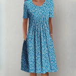 IHUASU Naiste kevad/suvised lillelise mustriga &uuml;mara kaelusega taskutega midi kleidid S punane