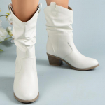 Valged kauboisaapad naistele 2024. aasta s&uuml;gistalvised paksud kontsad, plisseeritud poolsaapad, naiste vintage terava varbaga Western Cowgirl Botas 40 valge