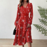 Naiste s&uuml;gis- ja talvine vabaajamoe V-kaelusega pikkade varrukatega j&otilde;ulutr&uuml;kiga pikk kleit L punane