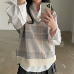 S&uuml;gistalvine naiste Korea lahtine kampsun Vest Vintage kontori-daami V-kaelusega kampsun Pullover Naiste kootud topid Pull Femme 23875 S sinine