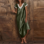 Moodne naiste pidžaama pikk pitskleit V-kaelusega l&uuml;hikeste varrukatega kleit L armee roheline v&auml;rv