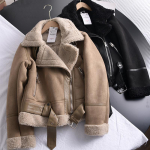Talvine naiste paks soe seemisnahast lamba jope L&uuml;hike mootorratta pruunid mantlid Faux Shearling lambanahast nahkjakid v&auml;lisr&otilde;ivad L