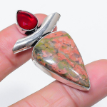 Natural Unakite, Garnet Gemstone 925 Sterling Silver Jewelry Pendant 1.97 h5d10