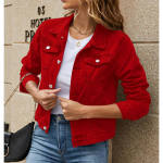 Naiste teksajakk &uuml;hev&auml;rviline must sinine kollane roosa punane vabaaja pikkade varrukatega n&ouml;&ouml;bitav rinnataskuga teksajakk XS punane