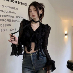 Gooti stiilis naiste pitspluusid Grunge Y2k Crop Naiste s&auml;rgid Elegantne must l&auml;bipaistev kardigan Korea t&auml;navar&otilde;ivad L