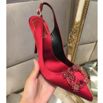 Punased pulmakleidikingad Pruudikingad Satiinist Terava Ninaga Stiletto Pumbad Naiste Keskmise Kontsaga Rhinestone Ruudukujulise Pandlaga Tagarihmaga Sandaalid 34