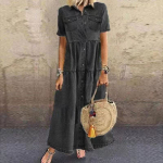 Denimkleit Retro Naiste L&uuml;hikeste Varrukatega Allap&ouml;&ouml;ratud Kraega Taskutega N&ouml;&ouml;pidega Pikk Lahtine Denimkleit Taskutega N&ouml;&ouml;pidega Pikk Lahtine Pluss Suurus S helesinine v&auml;rv