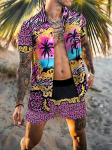 Suvine Peen Meeste S&auml;rgi Komplekt Kookospalm Prindi L&uuml;hikeste Varrukatega Top Leopardiprindi L&uuml;hikesed P&uuml;ksid 2-osaline Hawaii Ranna Meeste Mood R&otilde;ivad L black
