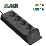 EL-i pistikuga pikendusjuhe juhtmevaba laadijaga &ndash; Mitme pistikupesa ja USB PD laadimispunkt juhtmevaba laadimisalusega AC*4+USB*6 must