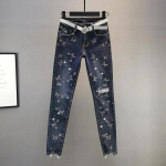Kevadsuvi mood Harem Denim P&uuml;ksid Naiste Korea versioon Elastsed Rhinestones K&otilde;rge v&ouml;&ouml;kohaga Teksad Pliiatsip&uuml;ksid S sinine