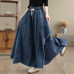 Suur Suurus Kevad Suvi Naiste Lai Jalgtega Teksap&uuml;ksid K&otilde;rge V&ouml;&ouml;koht Pingutusn&ouml;&ouml;riga &Uuml;le Size Kotakad Denim Culottes P&uuml;ksid Patchwork Stiilsed Naiste P&uuml;ksid L sinine