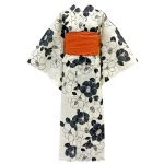 Kimono Yukata ja Obi Komplekt Looduslik Kameelia Lilleline Retro Yukata [Kyoto Yuzen] (2 t&uuml;kki) - Valge, Monokroomne, Muster, beige