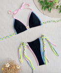 Naiste ujumistrikoo Colorblock p&auml;itsed kaelaga Seksikad k&uuml;ljesidemed stringid Kaheosaline ujumistrikoo bikiinid rannariided supelkost&uuml;&uuml;mid S must