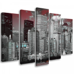Viieosalise pildiga l&otilde;uendiprint New York Skyline pilvel&otilde;hkujad 100x70 punane