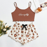 Naiste magamisriided Naiste 2-osalised Kawaii Strawberry Print Frill Hem Cami pidžaamakomplekt Naiste pidžaama Armsad k&auml;rbitud top ja l&uuml;hikesed &uuml;likonnad S pruun