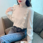 Vintage pikkade varrukatega volangidega kraega pitspluus Naiste s&uuml;gismood vabaaja valge s&auml;rk Naiste korea lahtised elegantsed topid 29756 S aprikoosi