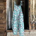 Naiste lilleprintiga vabaaja kombinesoon vaba vintage &otilde;larihmaga puuvillane linane L roheline