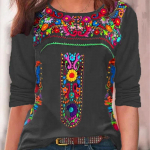 2024 Independent Station Kevad/suvi uus naiste topp Bohemian printiga V-kaelusega pikkade varrukatega naiste T-s&auml;rk XXL