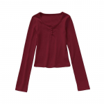 T-shirts Women Streetwear Solid All-match Slim Korean Style Clothes Sweet Sexy Girls Autumn Long Sleeve Top Trendy Chic T Shirt S burgundiapunane