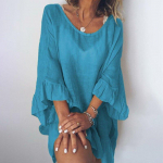 Moodne naiste &uuml;hev&auml;rviline volangidega varrukatega puuvillane linane &uuml;hev&auml;rviline kleit XXL sinine